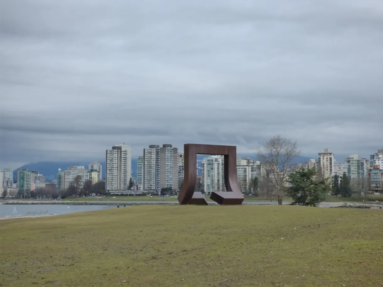 Steel sculpture on the lawn facing the towers
