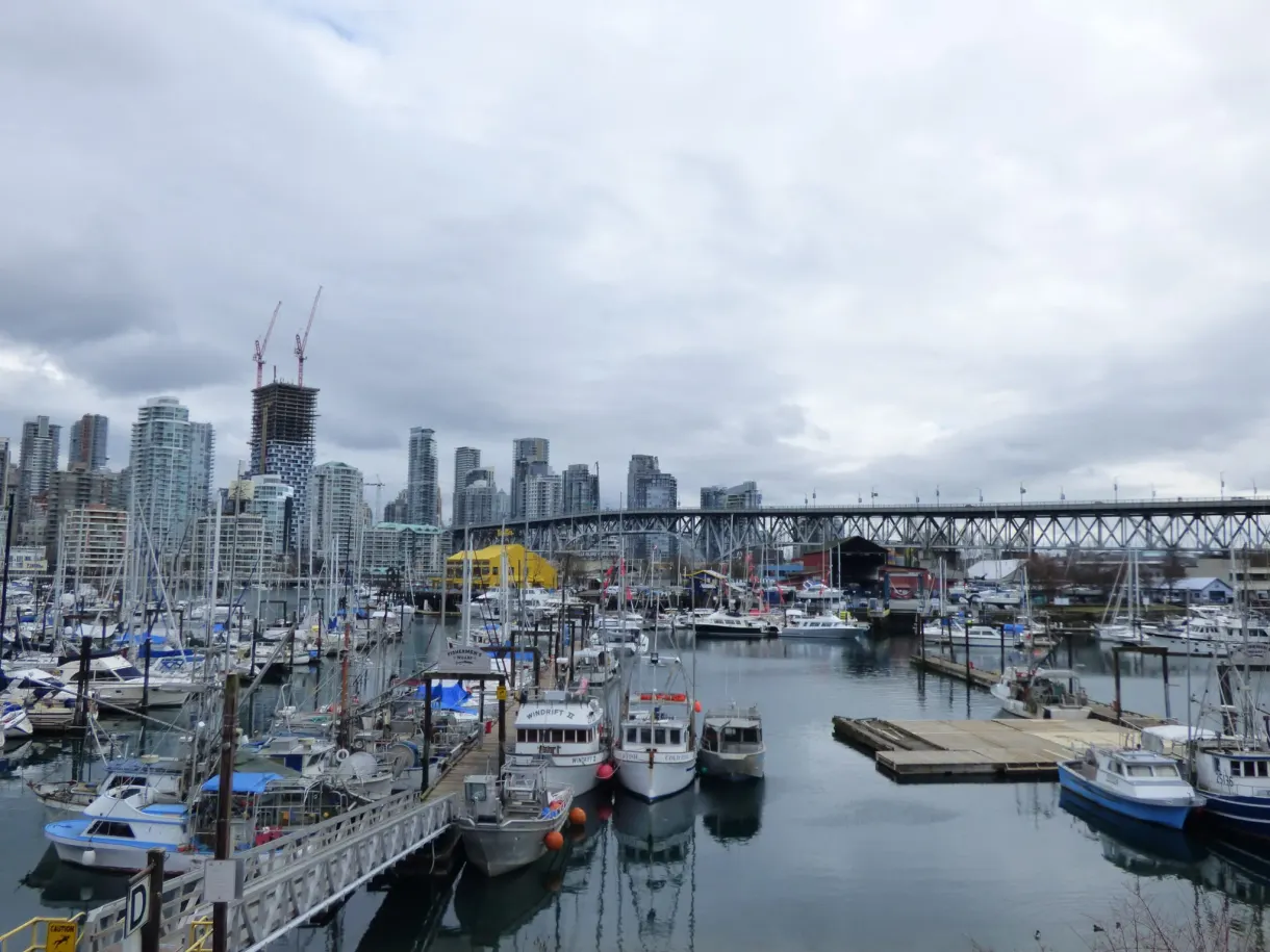 False Creek marina at the foot of the metal bridge