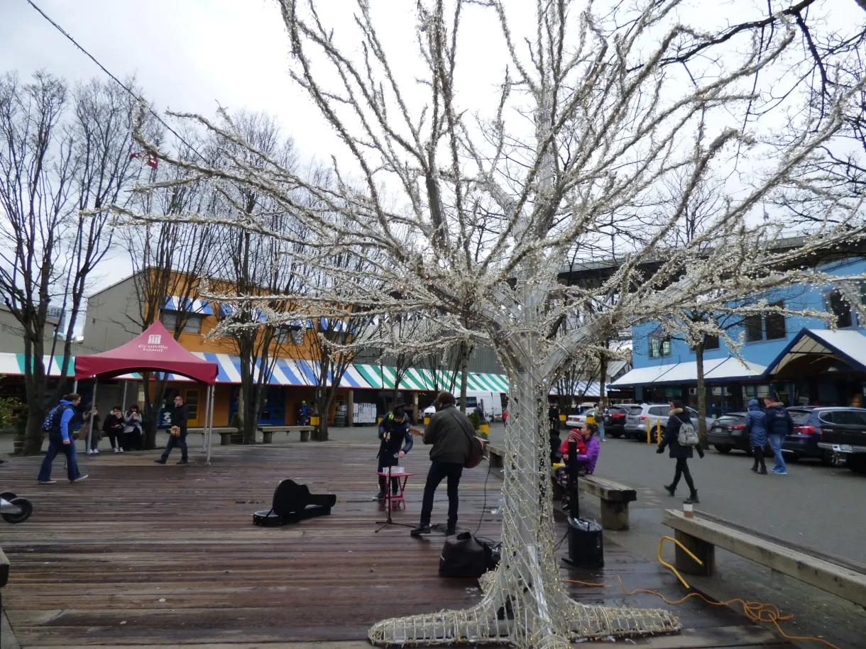 Wooden esplanade, tree painted white and colourful stalls