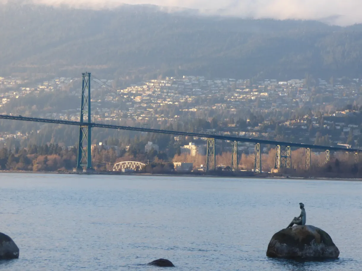 Statue set on a rock in front of the suspension bridge