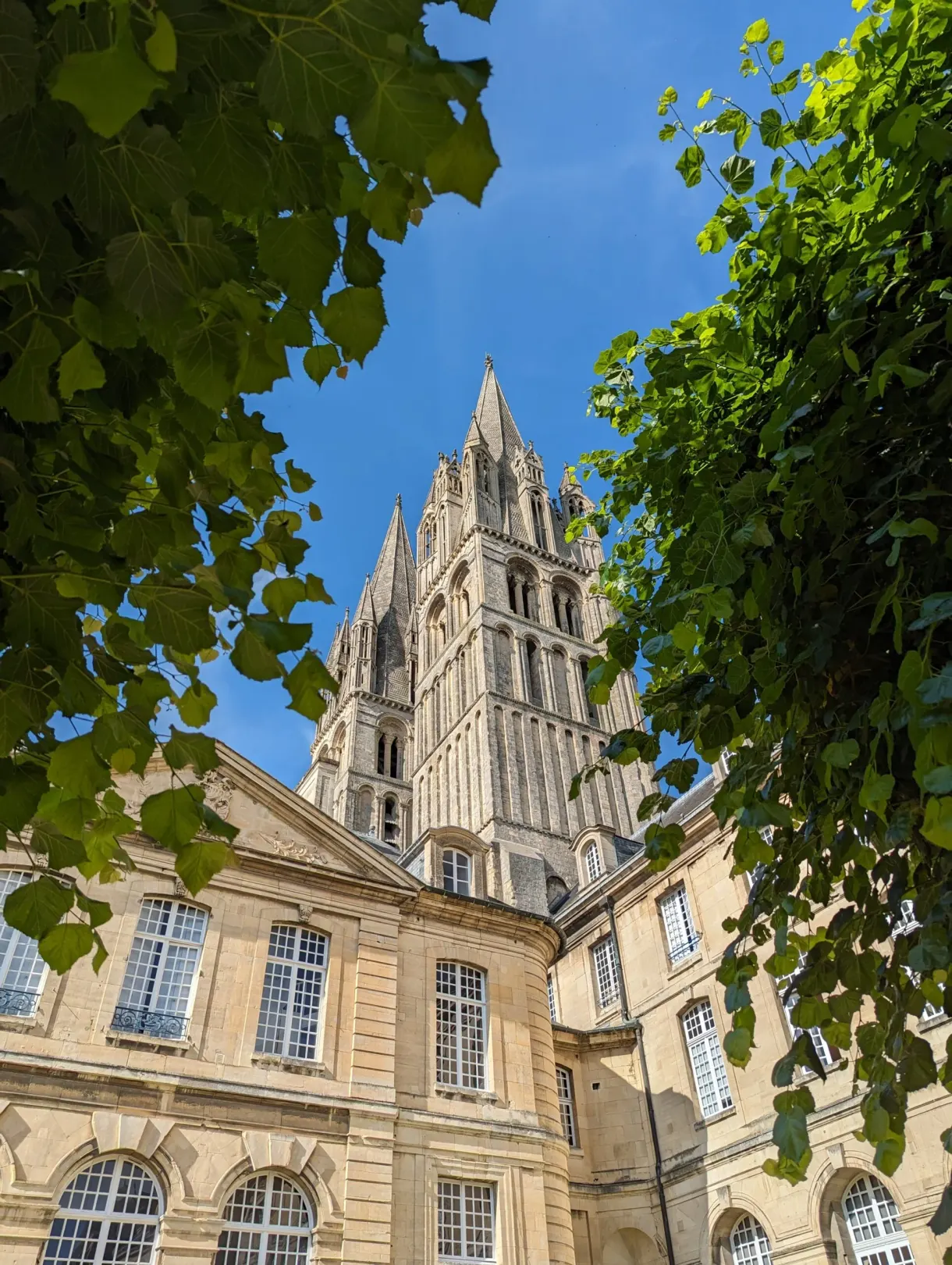 Spire of the abbey church glimpsed through lime tree foliage