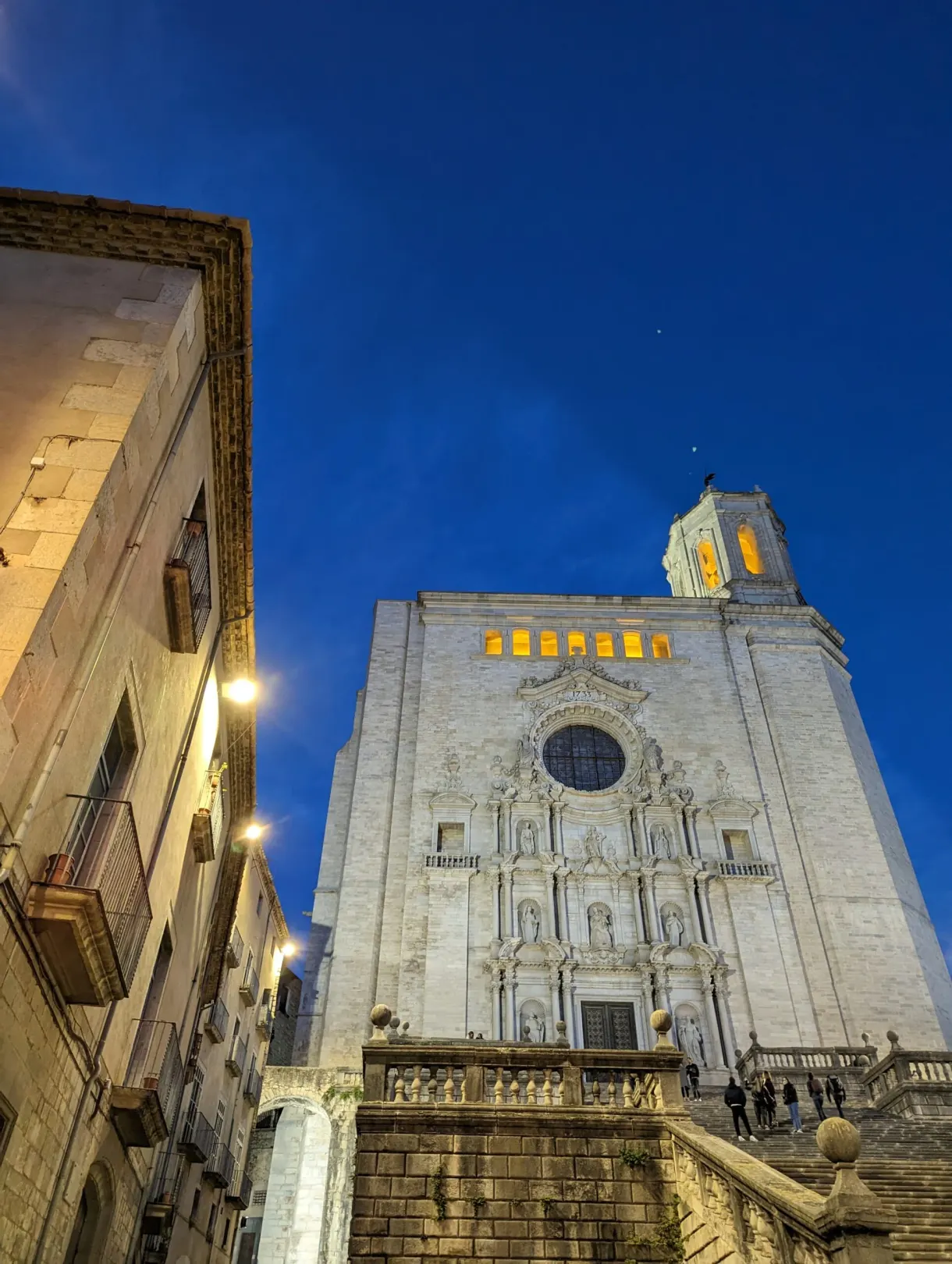 Facade of the cathedral lit up at the blue hour