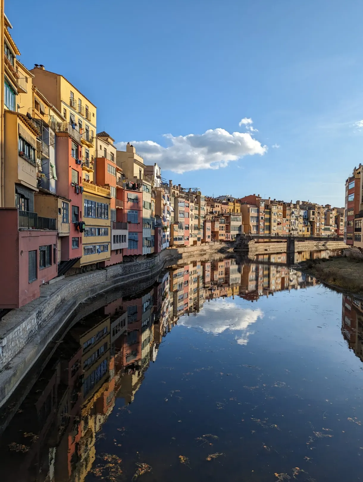 Row of houses beside the Onyar under a lone cloud
