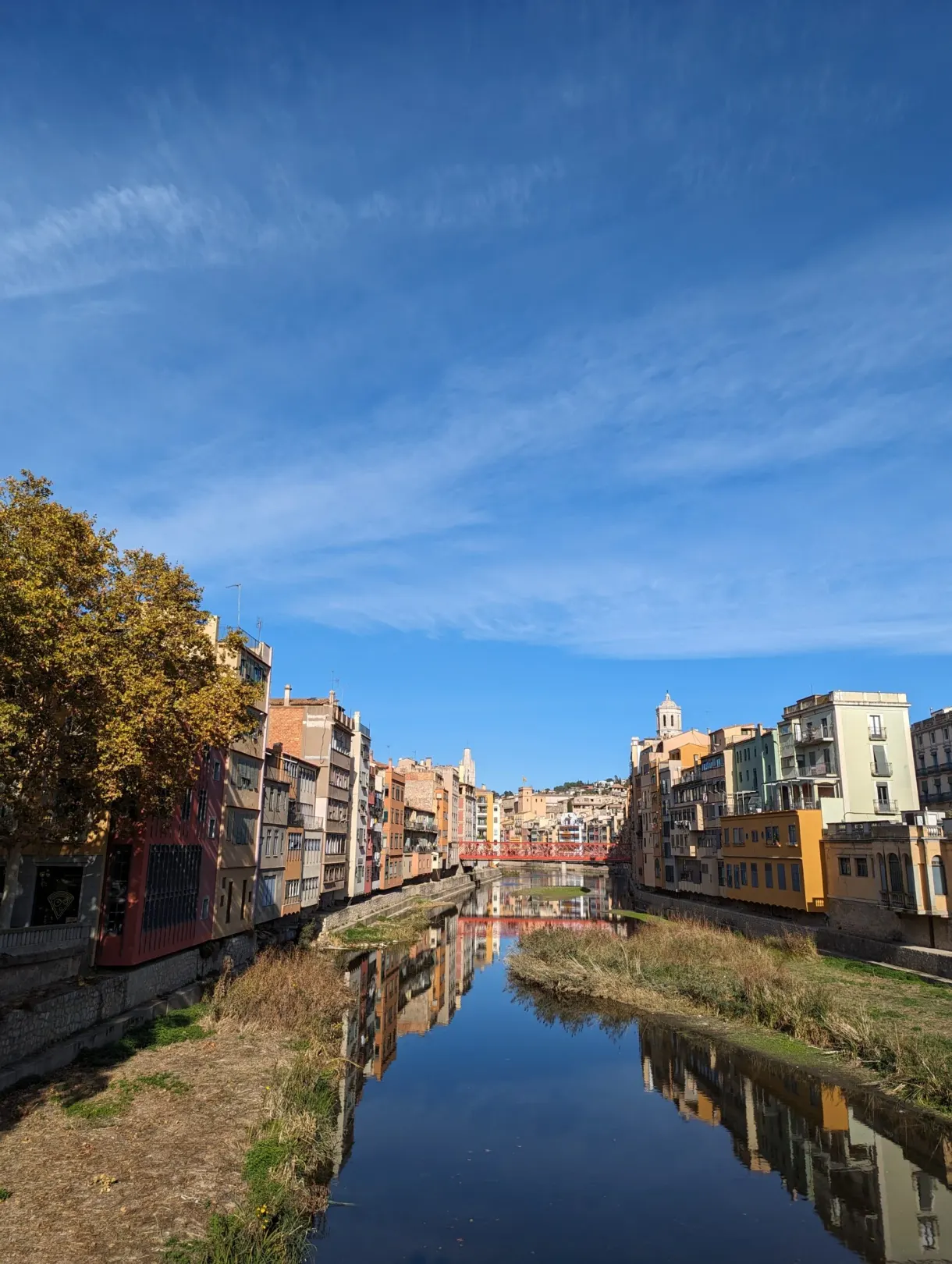River lined with plane trees with russet leaves, red bridge in the background