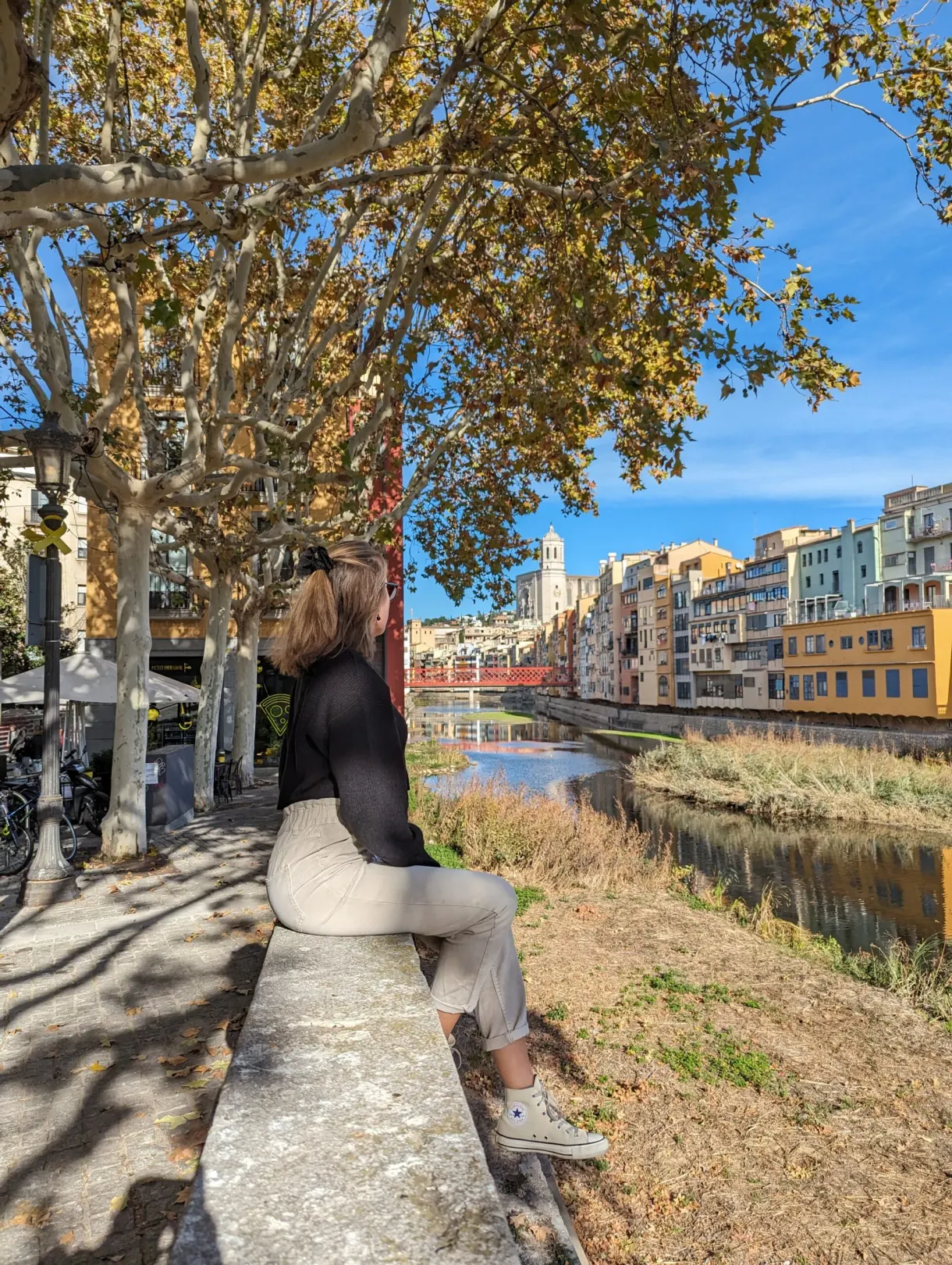 Woman sitting on a low wall facing the river and the plane trees
