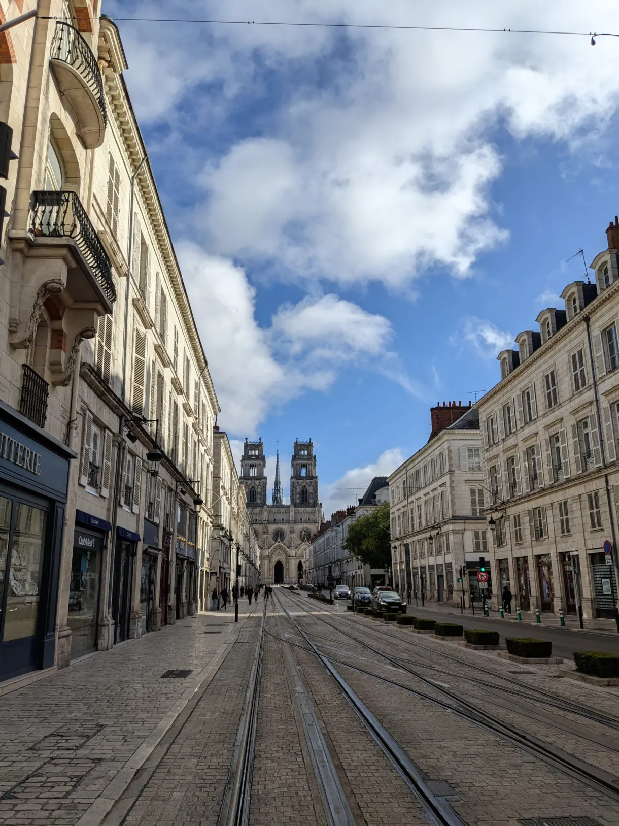 Shopping street and tram rails leading to the cathedral