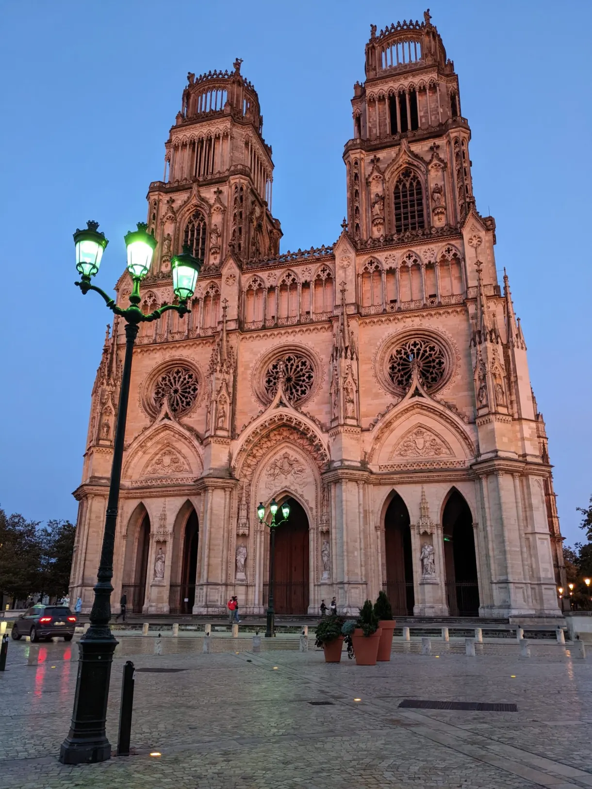 Cathedral lit up under an end-of-day sky
