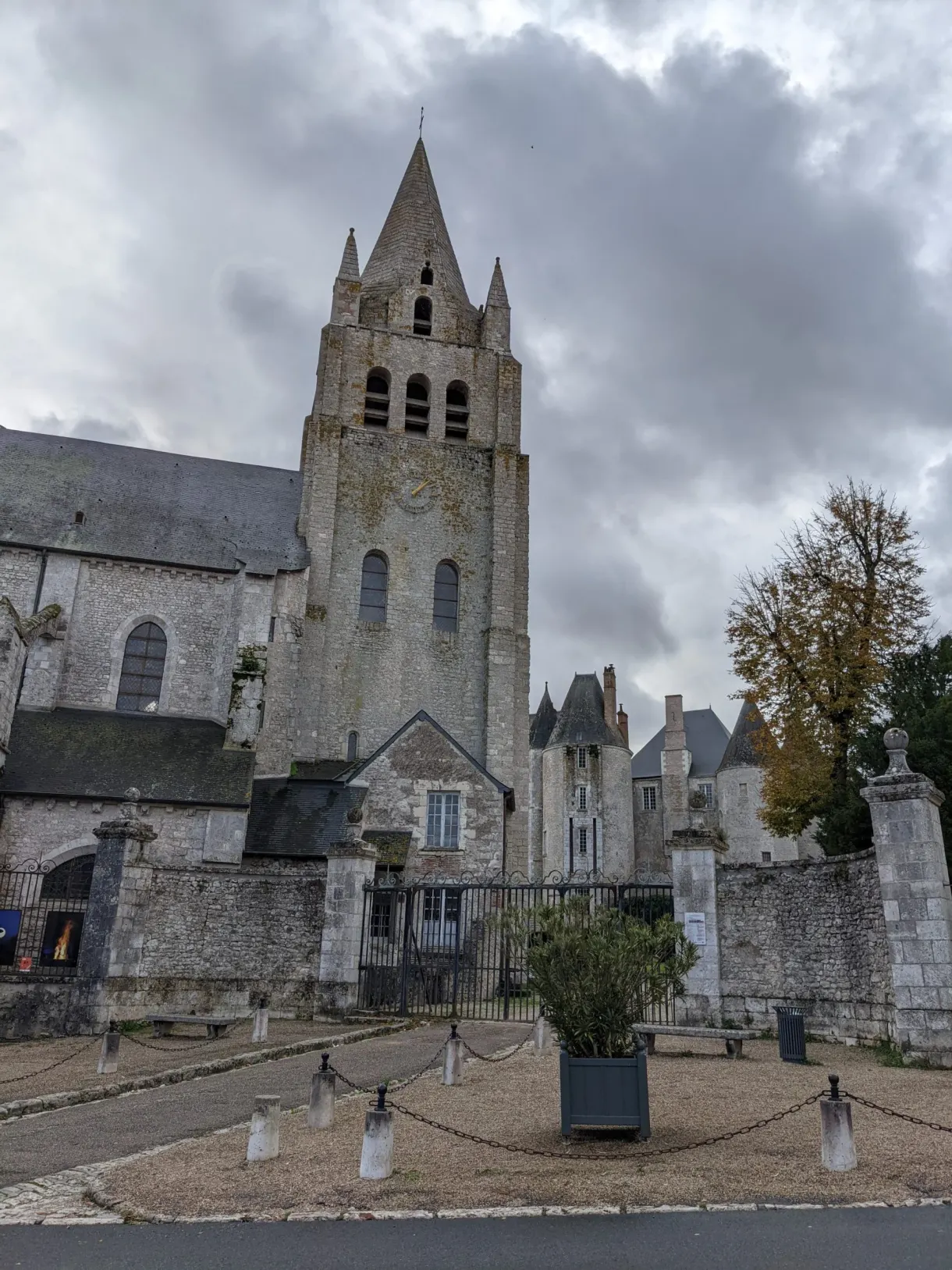 Stone bell tower and enclosed courtyard in Meung-sur-Loire