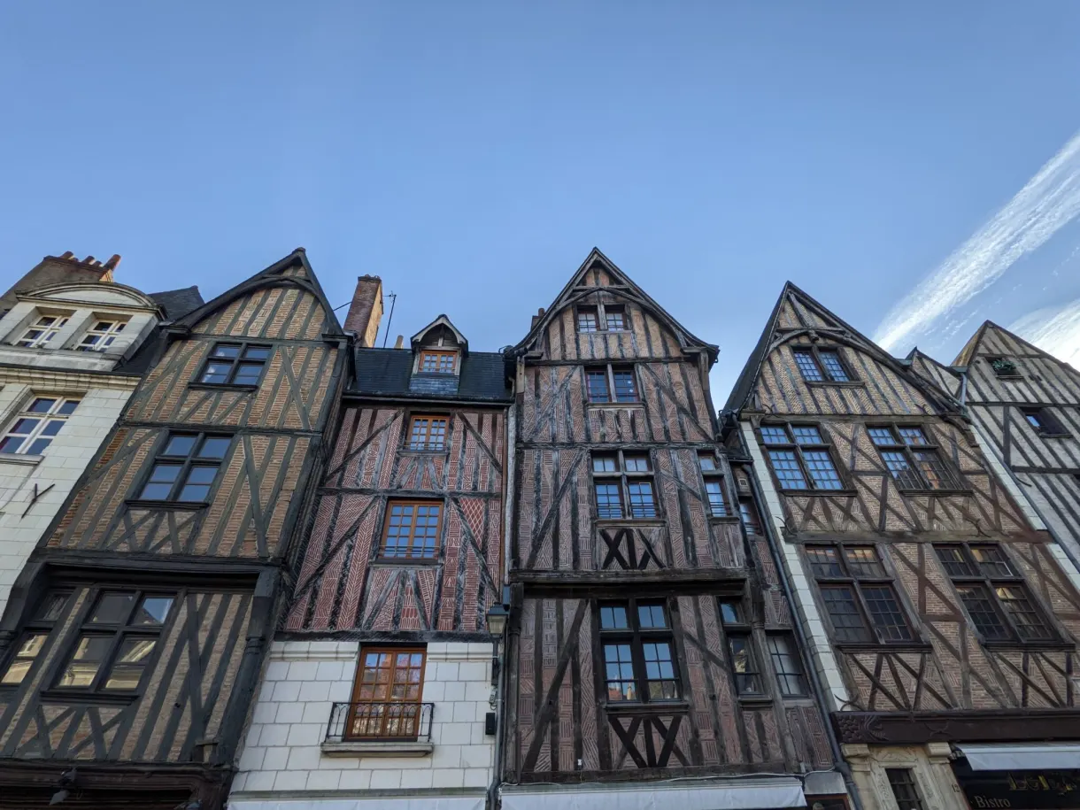 Half-timbered facades of the old town of Tours seen from below
