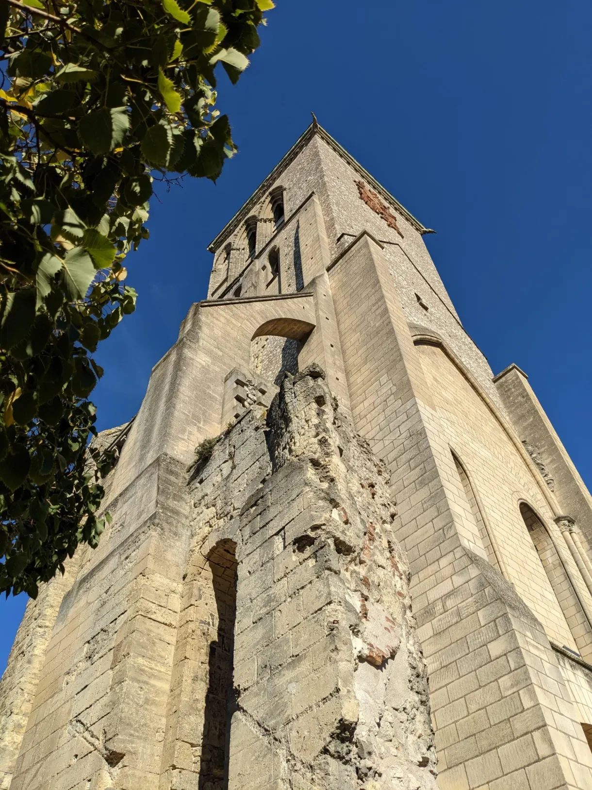 Upward view of the eroded stones of the Charlemagne tower