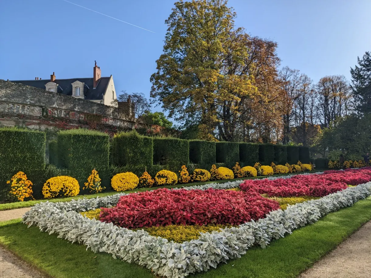 Formal French garden with pink, white and yellow beds