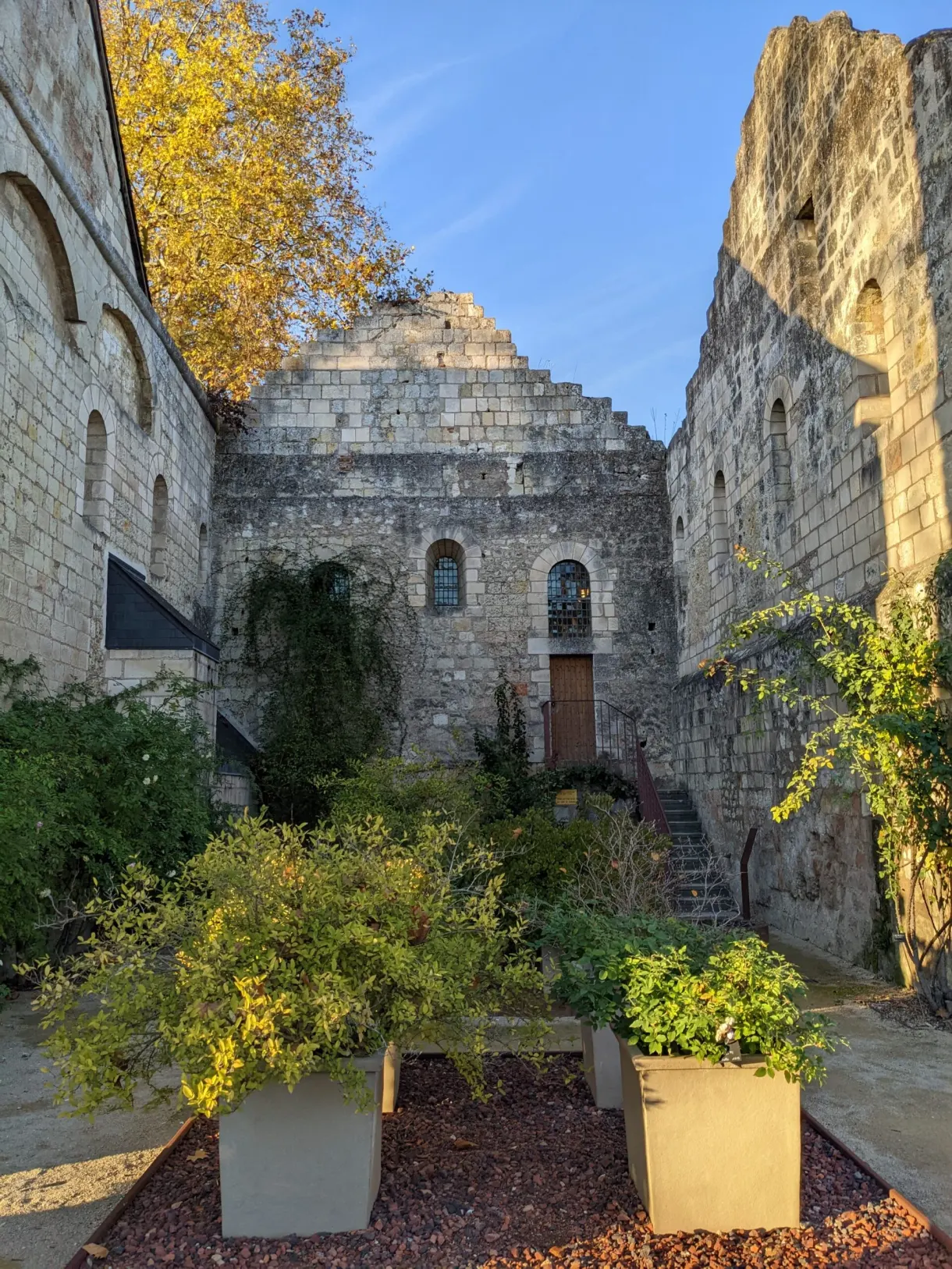 Ruins of the priory and garden planted with large pots