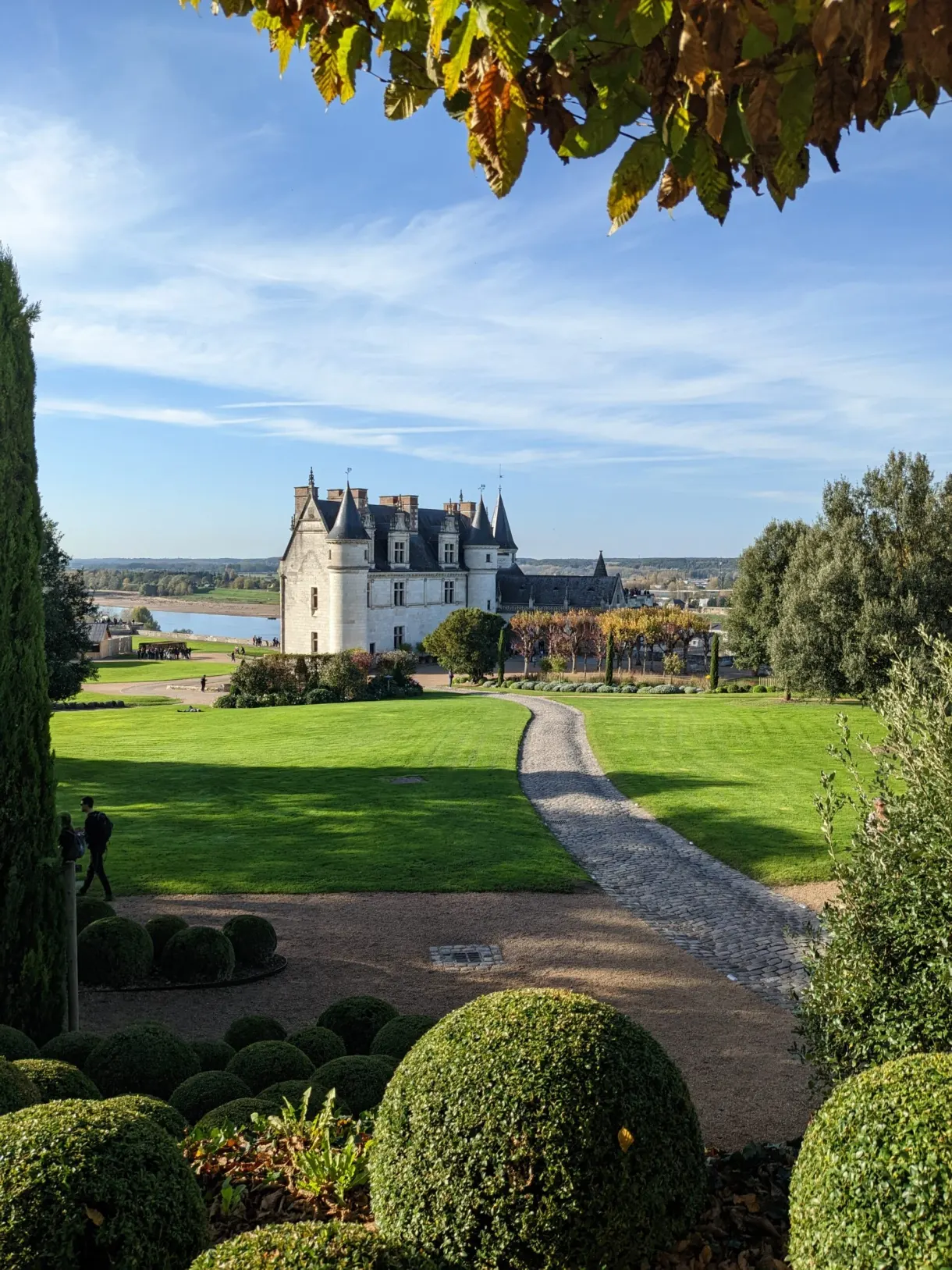 White château of Amboise at the end of a lawn edged with box
