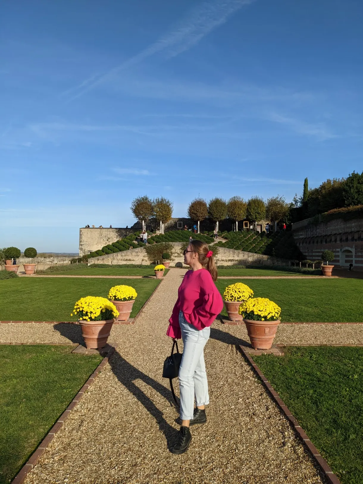 Gravel path lined with yellow chrysanthemums, two walkers