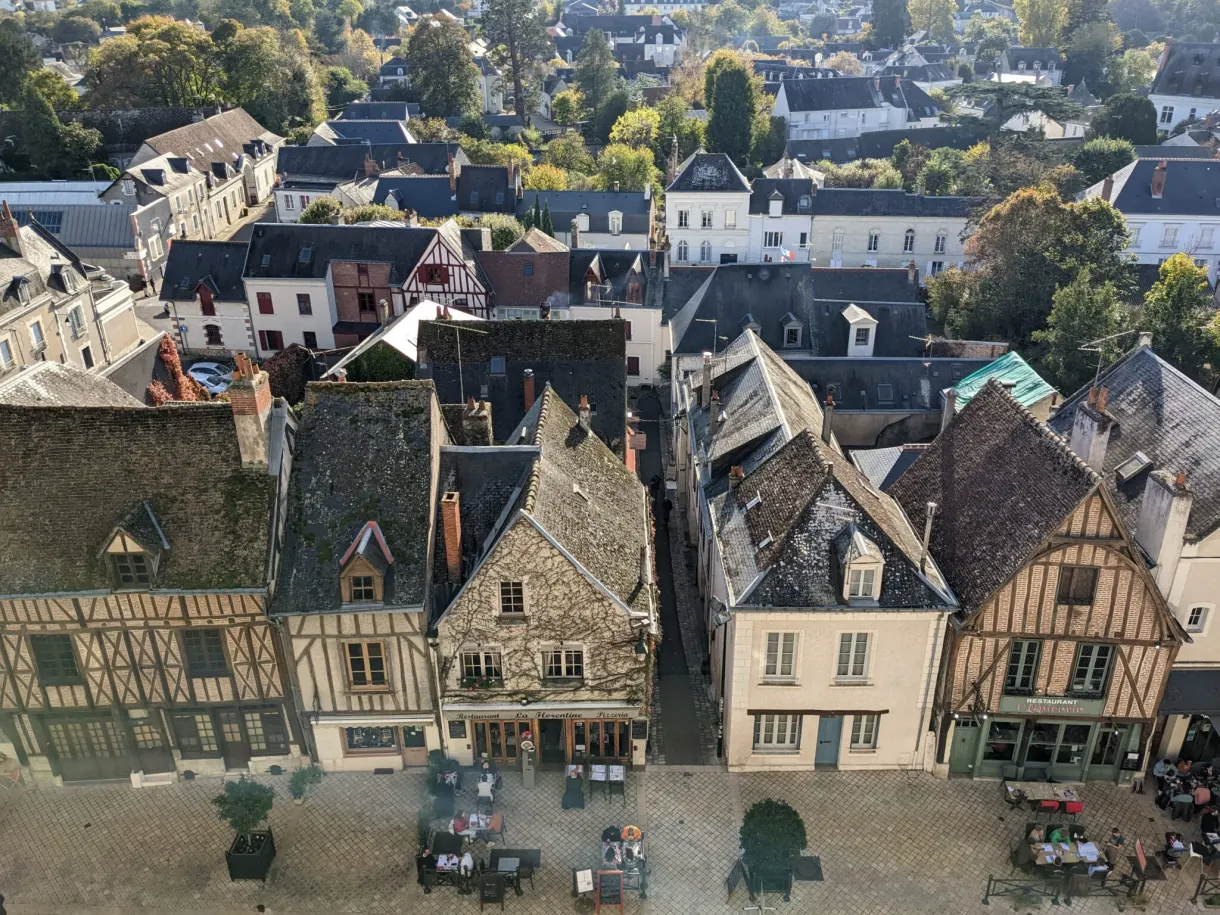 Half-timbered houses and slate roofs seen from above