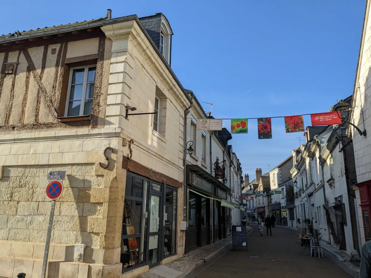 Shopping street of Amboise decked with strings of bunting