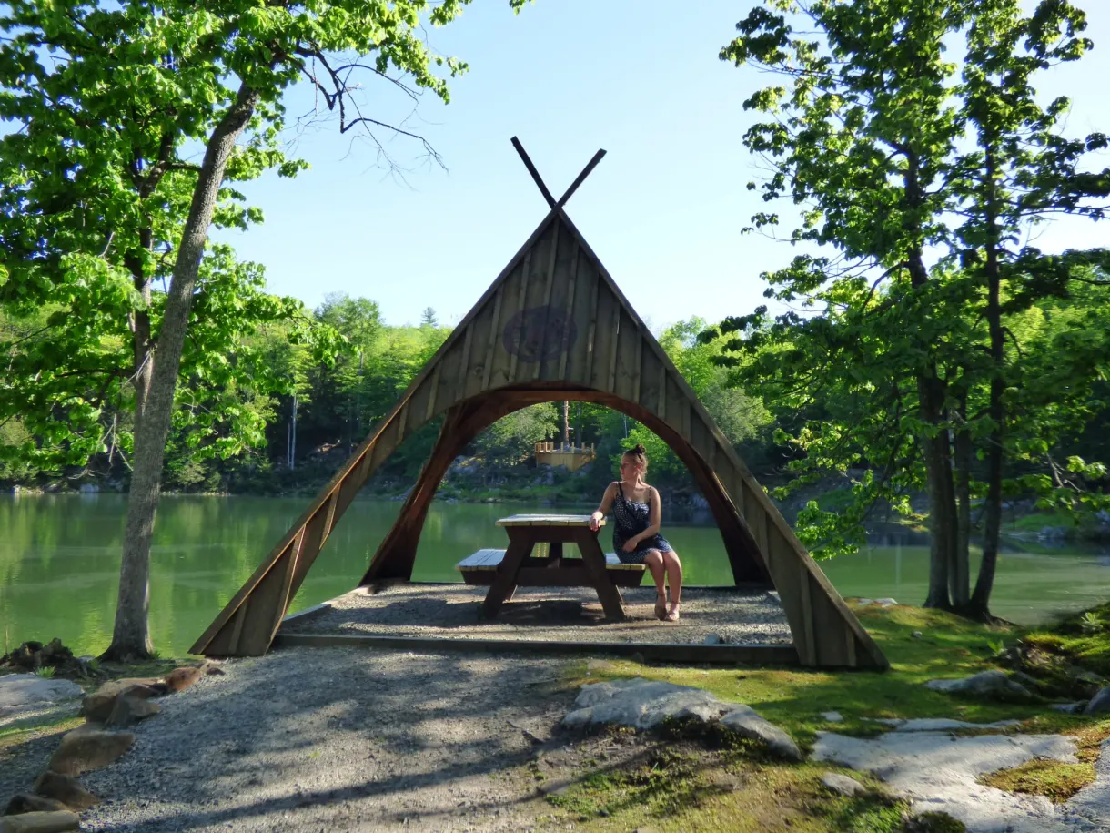 Abri triangulaire en bois et table de pique-nique