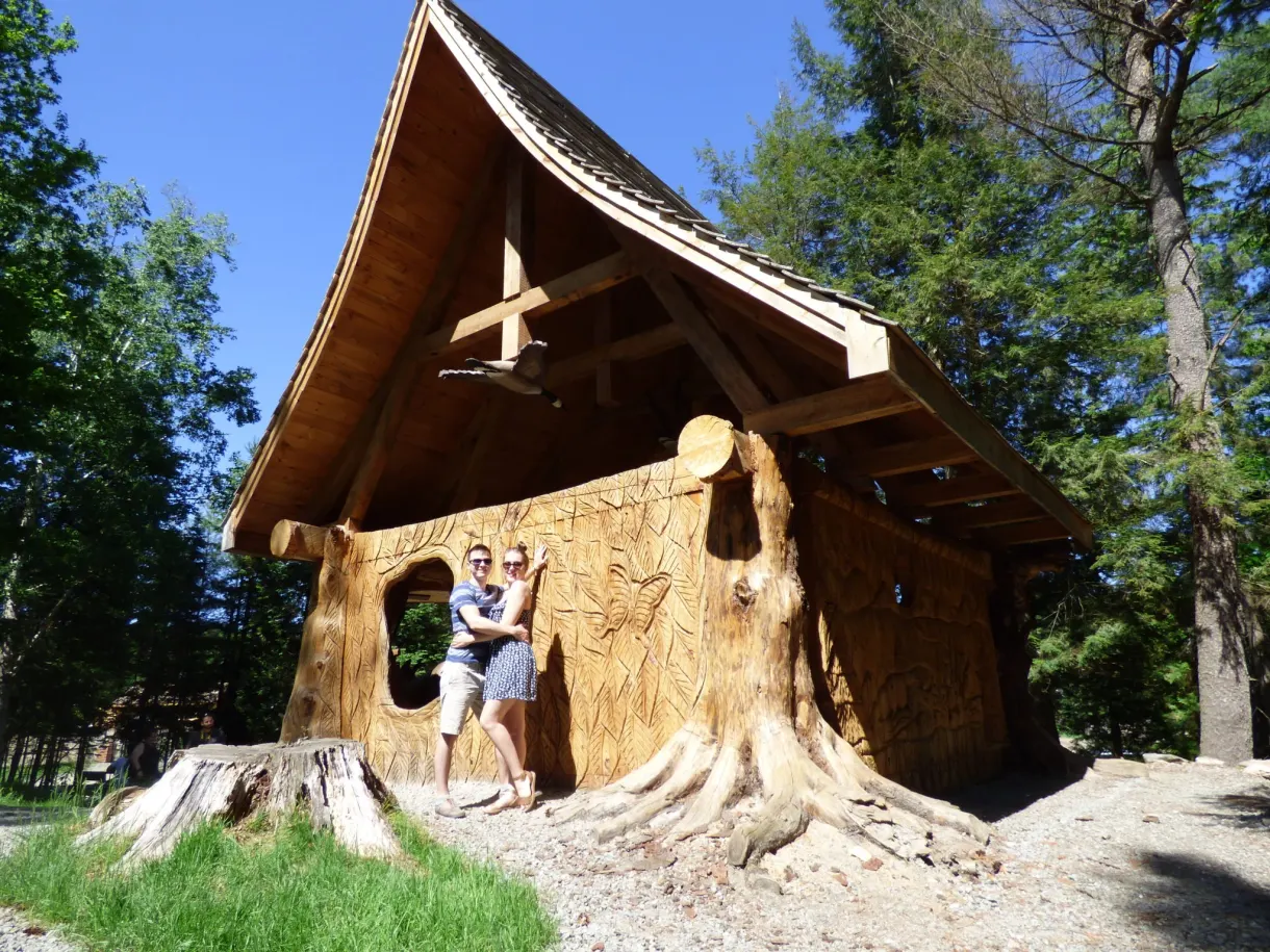 Chalet de rondins au toit pointu dans la forêt