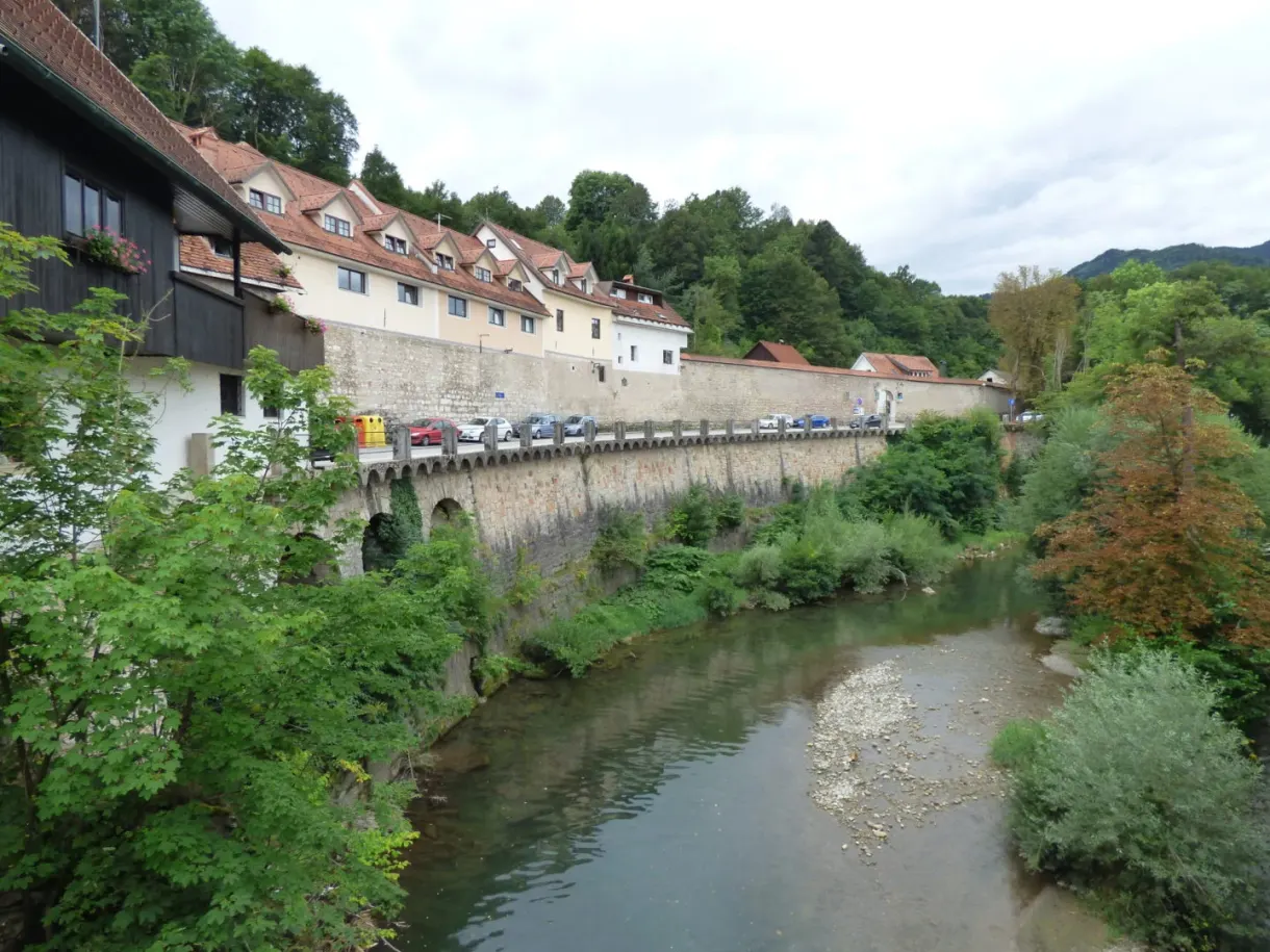 Houses lined up above the green river