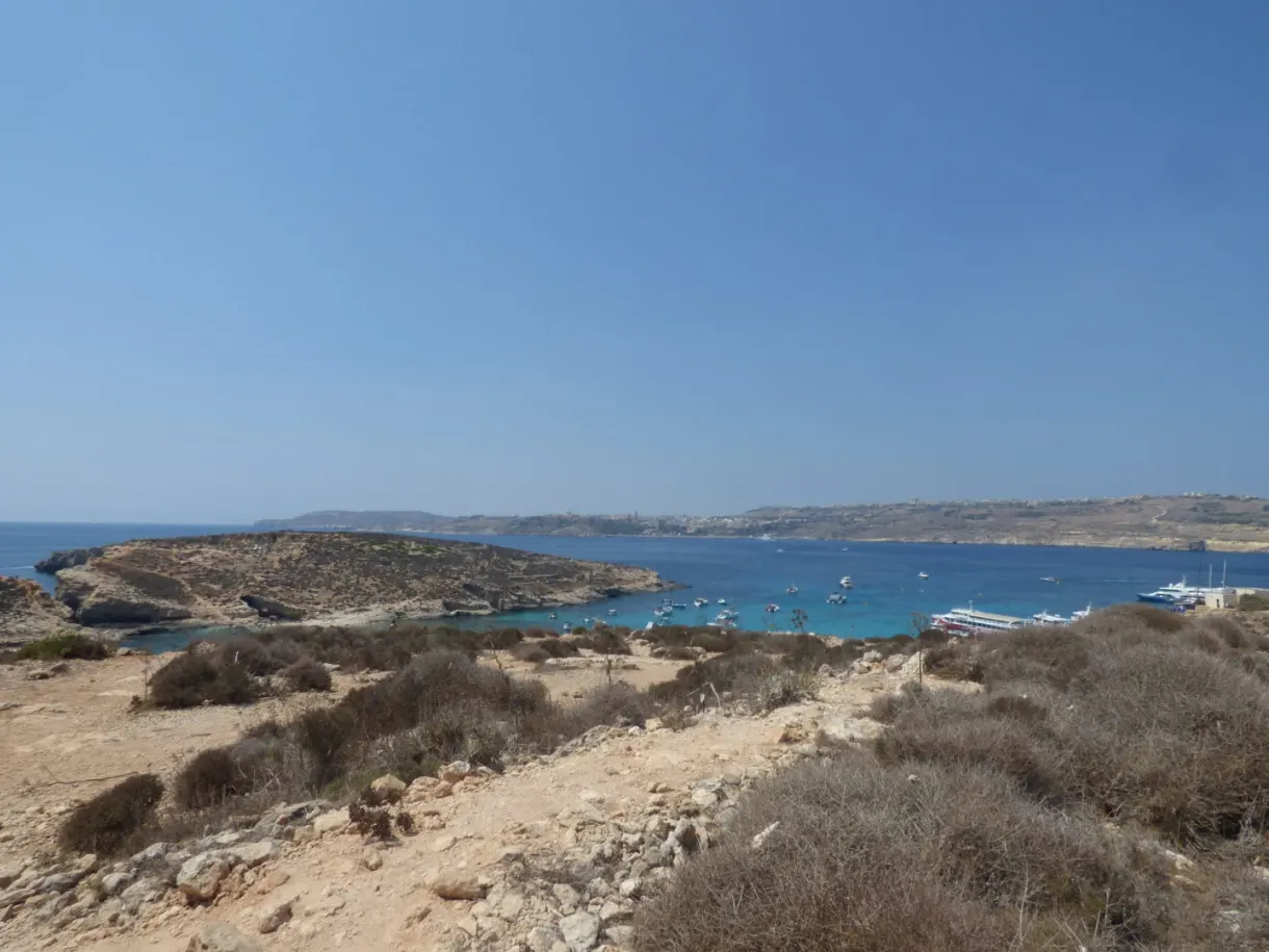 Dry scrubland sloping down towards the bay