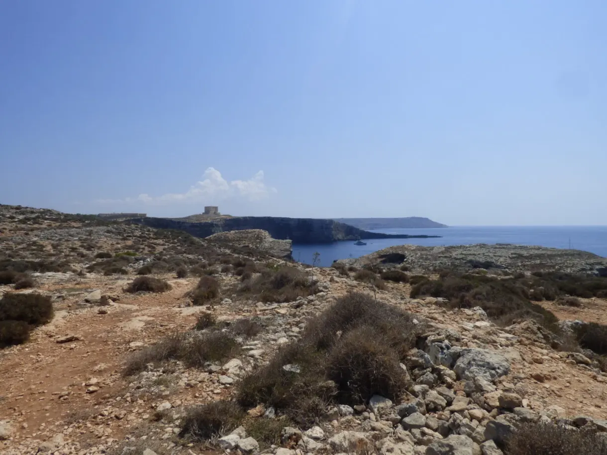 Rocky coast and watchtower on the horizon
