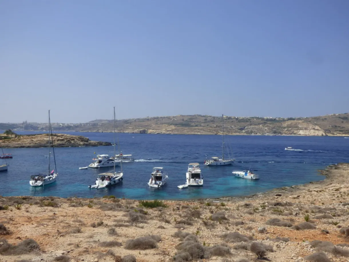 Sailing boats scattered across a deep blue bay