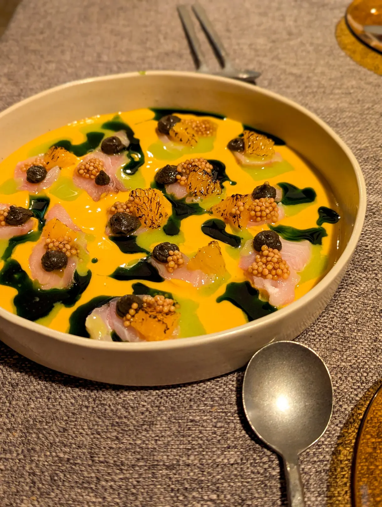 Colourful ceviche plated in a shallow bowl