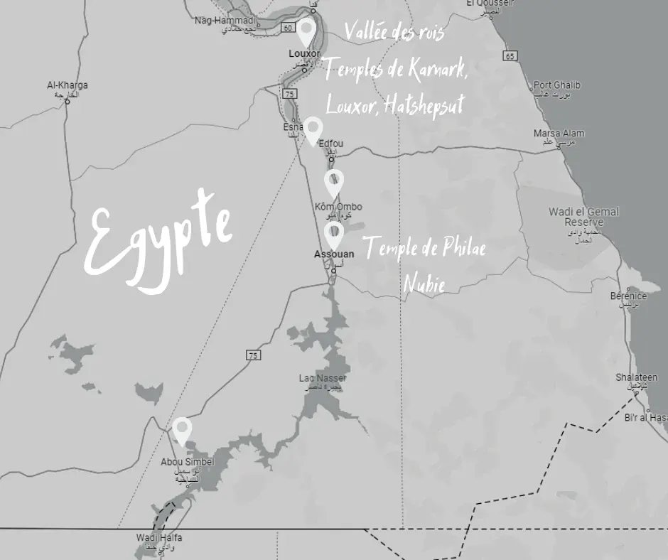 Carte de l'Égypte pointant Louxor, Assouan et Abou Simbel