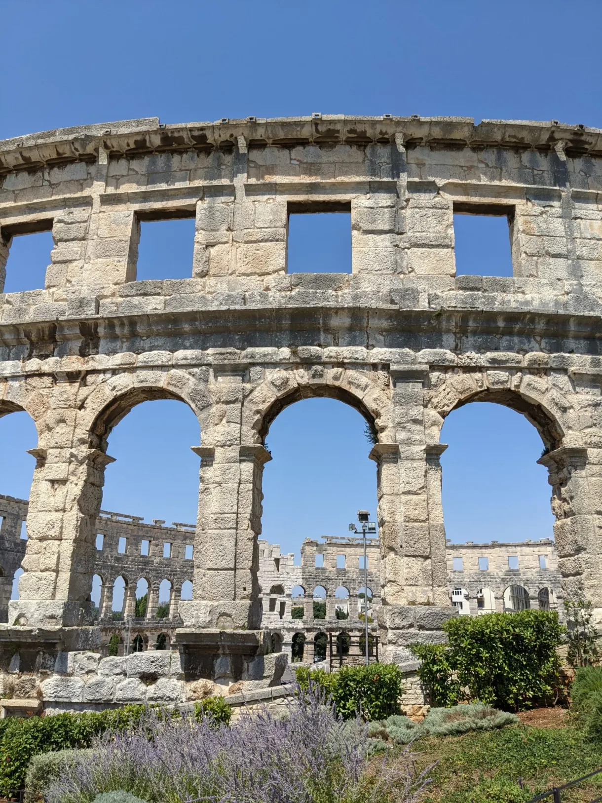 Outer façade of the arena of Pula lined with beds of lavender