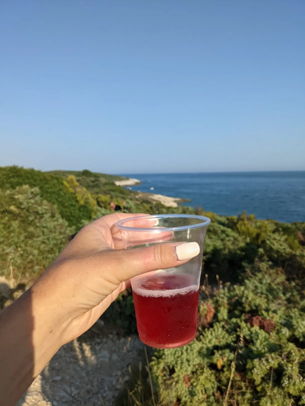 Cup of red drink held out at arm's length facing the sea