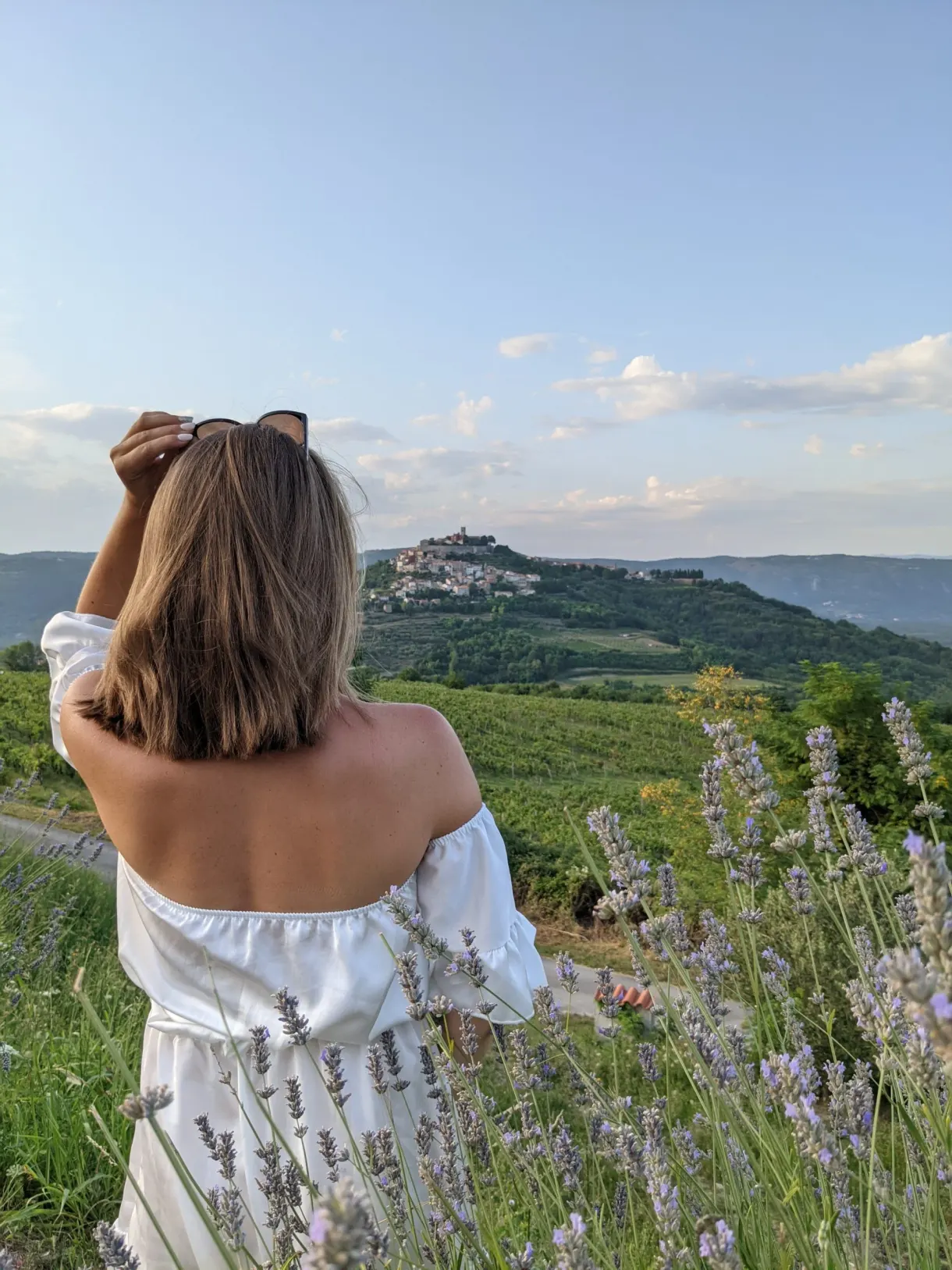 Woman in a white dress in the lavender facing the hilltop village of Motovun
