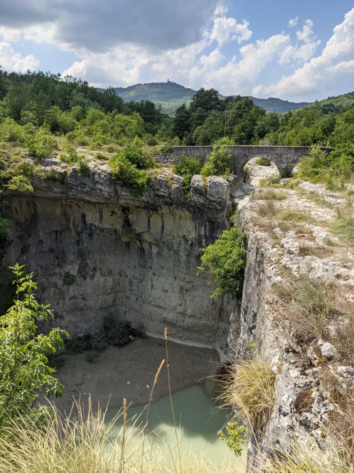 Rocky gorge and small green pool of water at the foot of the cliffs