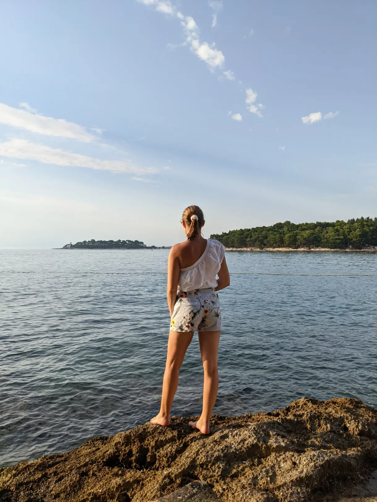 Woman standing on a rock facing a wooded islet of the Plava Laguna