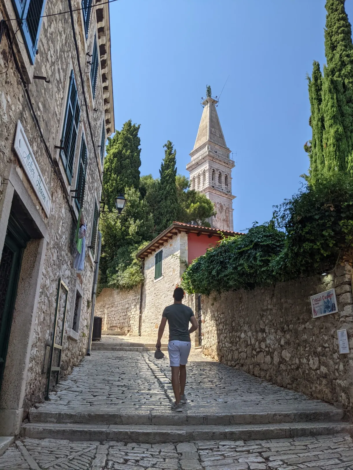 Stepped lane in Rovinj climbing towards the bell tower of the old town