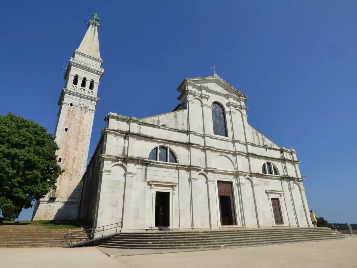 Façade and tall bell tower of the church of Saint Euphemia in Rovinj