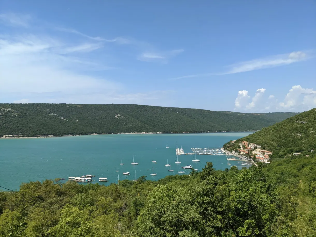 Bay of Trget and its marina at the foot of entirely wooded hills