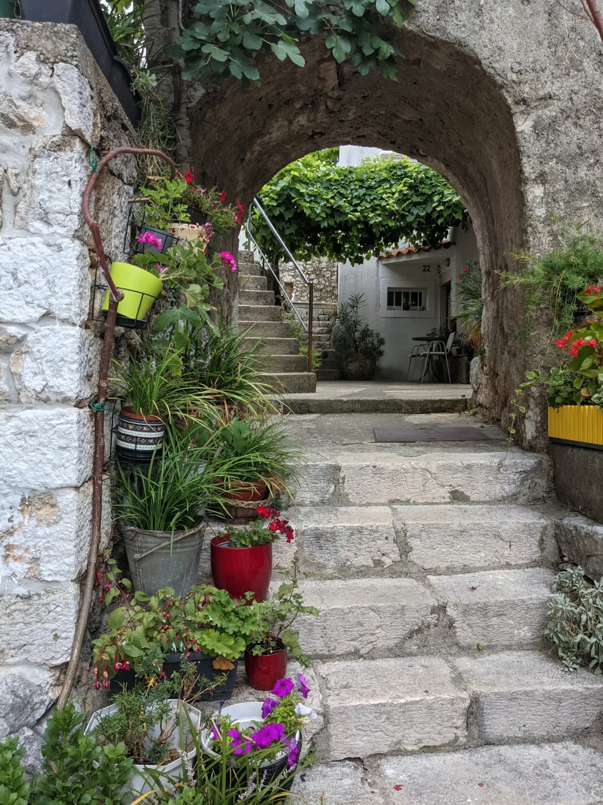 Vaulted passage and steps lined with colourful flower pots, Brseč