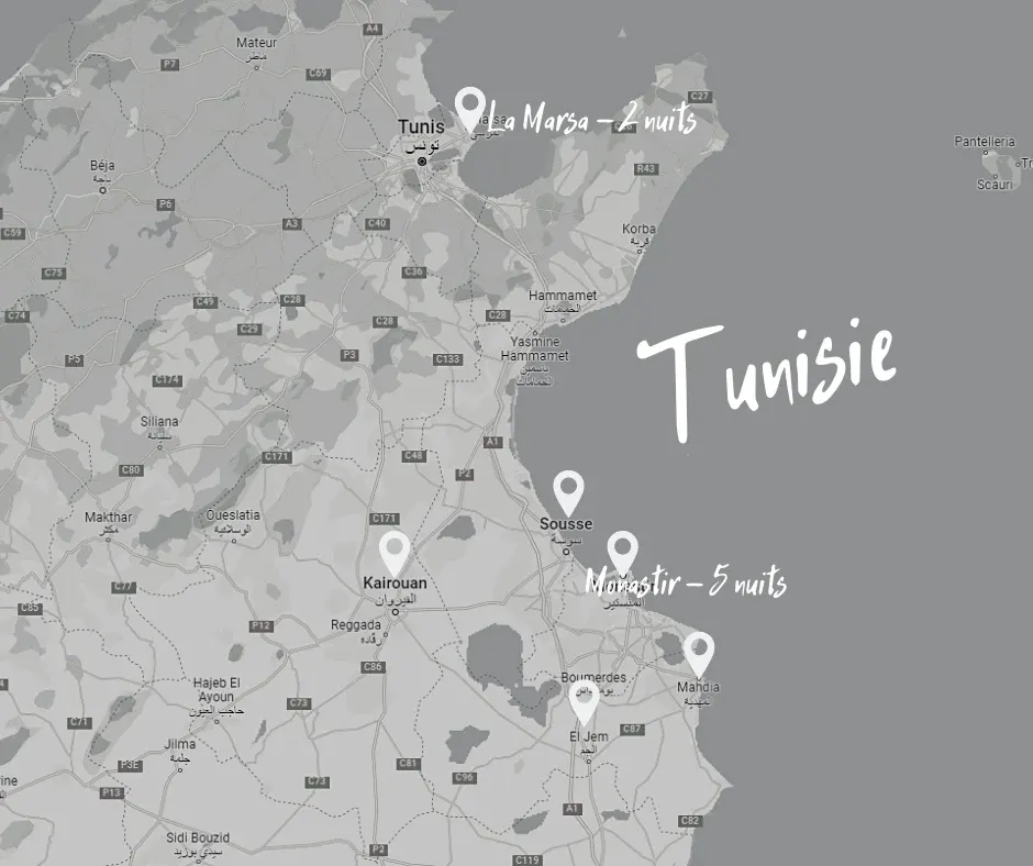 Carte de notre semaine en Tunisie : La Marsa, Monastir, Sousse, Kairouan et El Jem