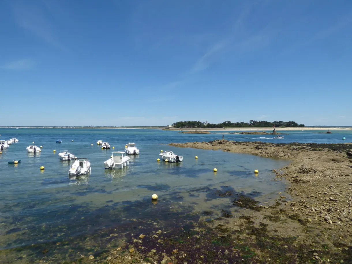 Small white boats anchored near the exposed rocks