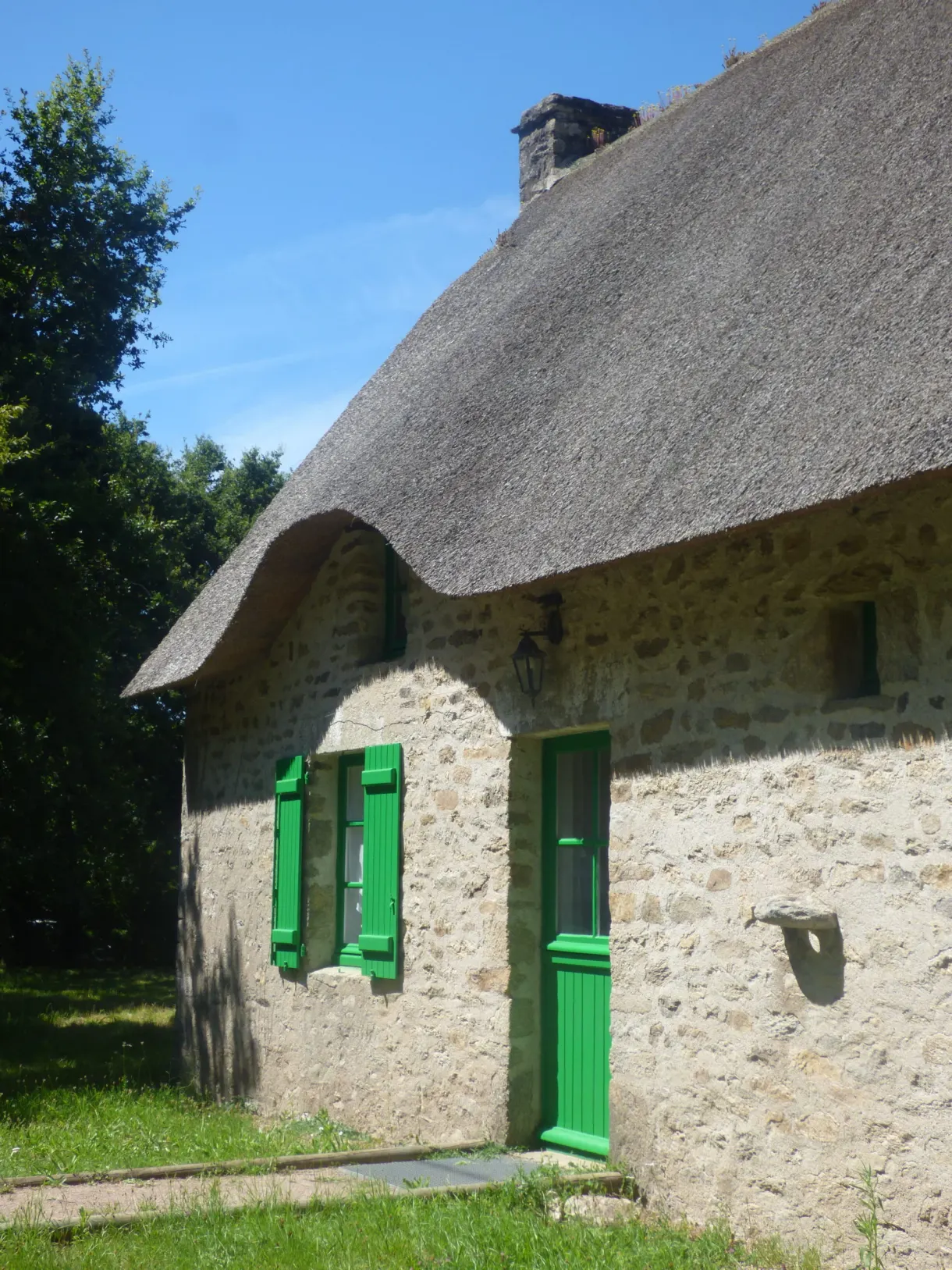 Cottage with green shutters under its thick thatched roof