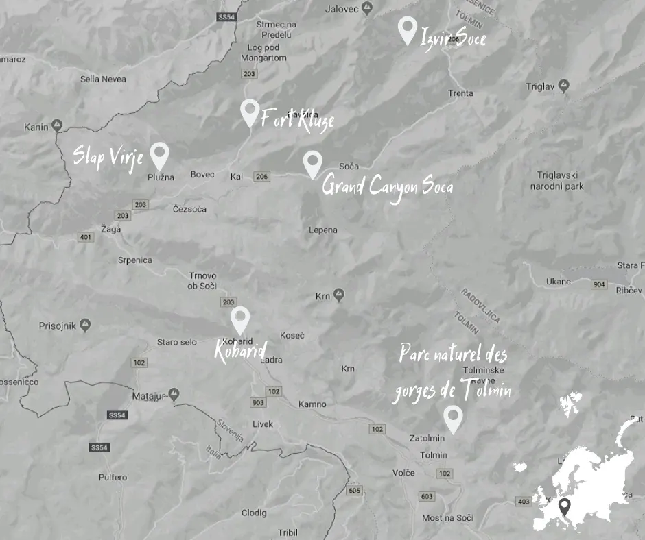 Map of the Soča valley showing its main sights