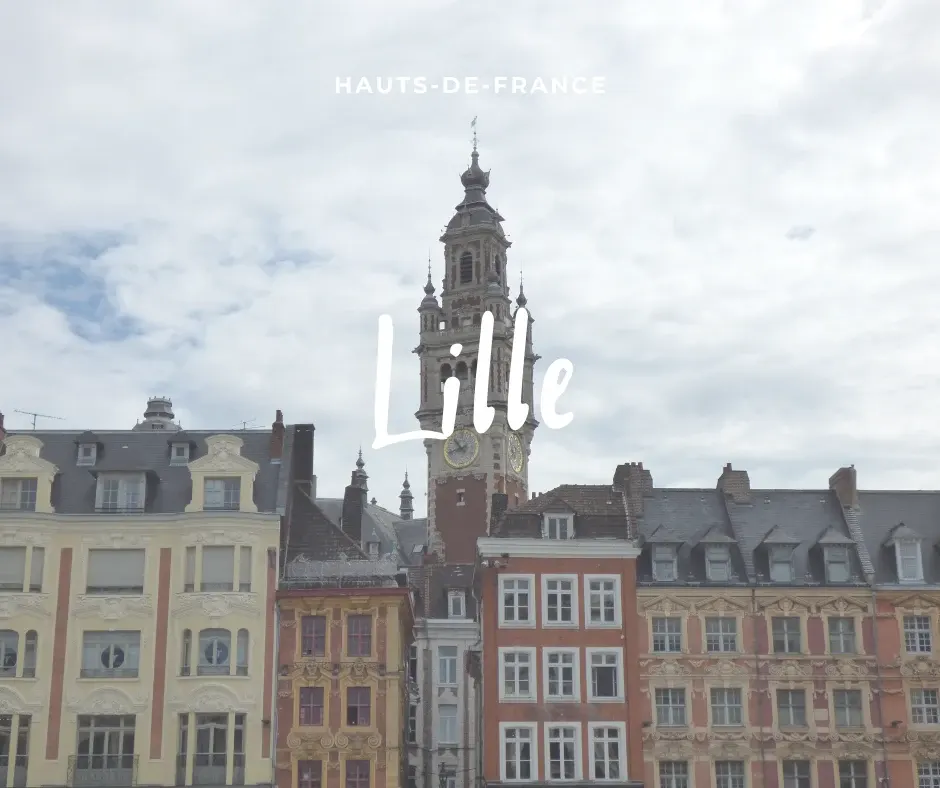 Façades à pignons de la Grand-Place et beffroi sous un ciel gris