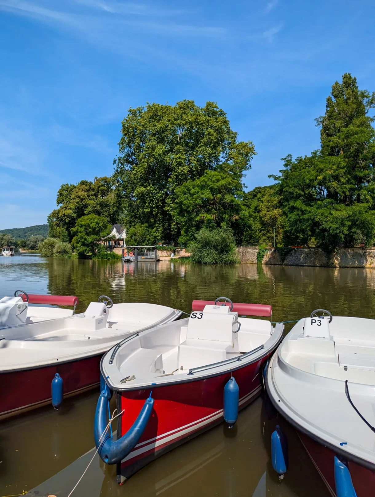 Barques électriques blanches et bordeaux amarrées au bord du plan d'eau