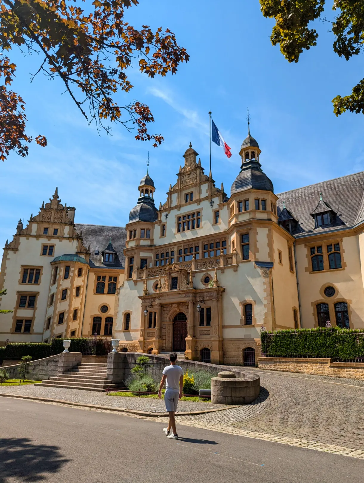 Promeneur devant un palais néo-Renaissance orné, drapeau français au sommet