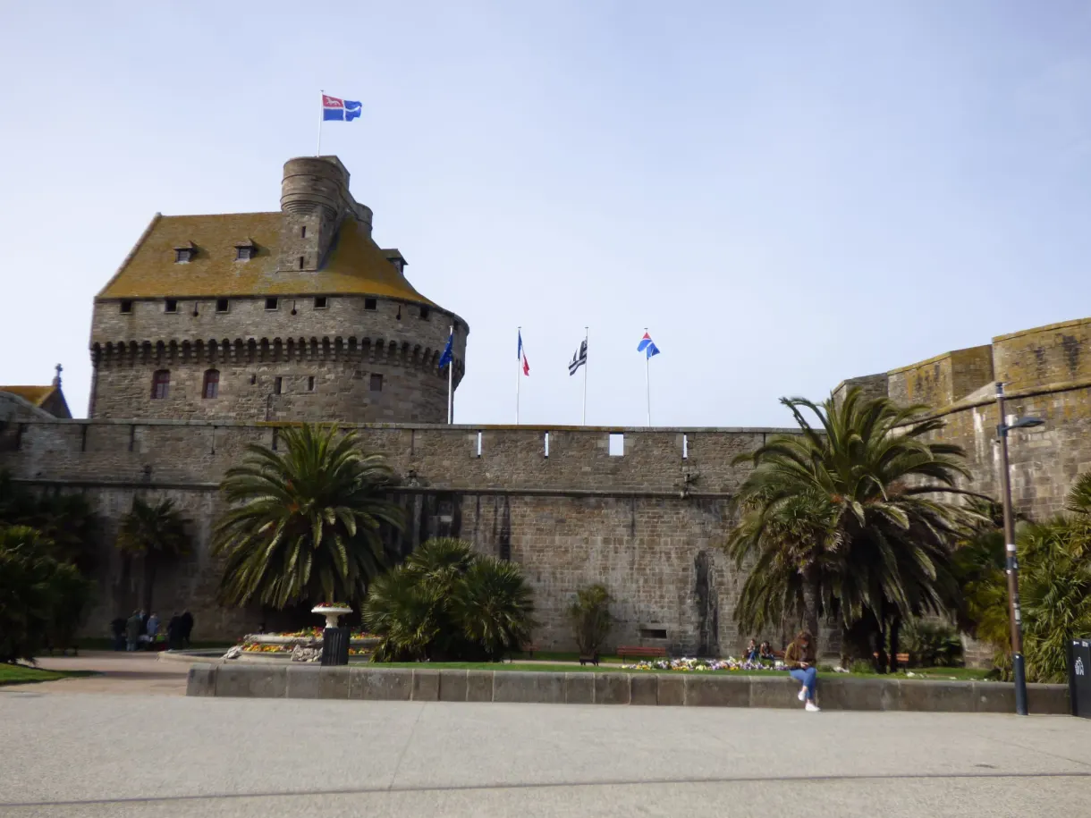 Donjon du château et palmiers de la place, drapeaux au vent
