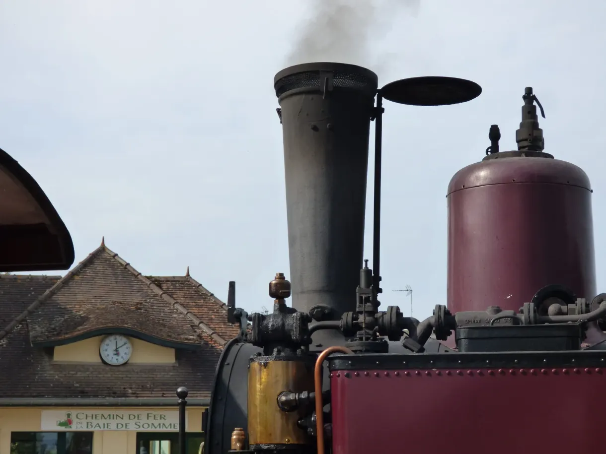 Close up of the chimney and brasswork of the locomotive