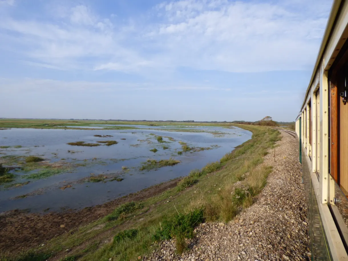 Train running along the marshes of the Baie de Somme