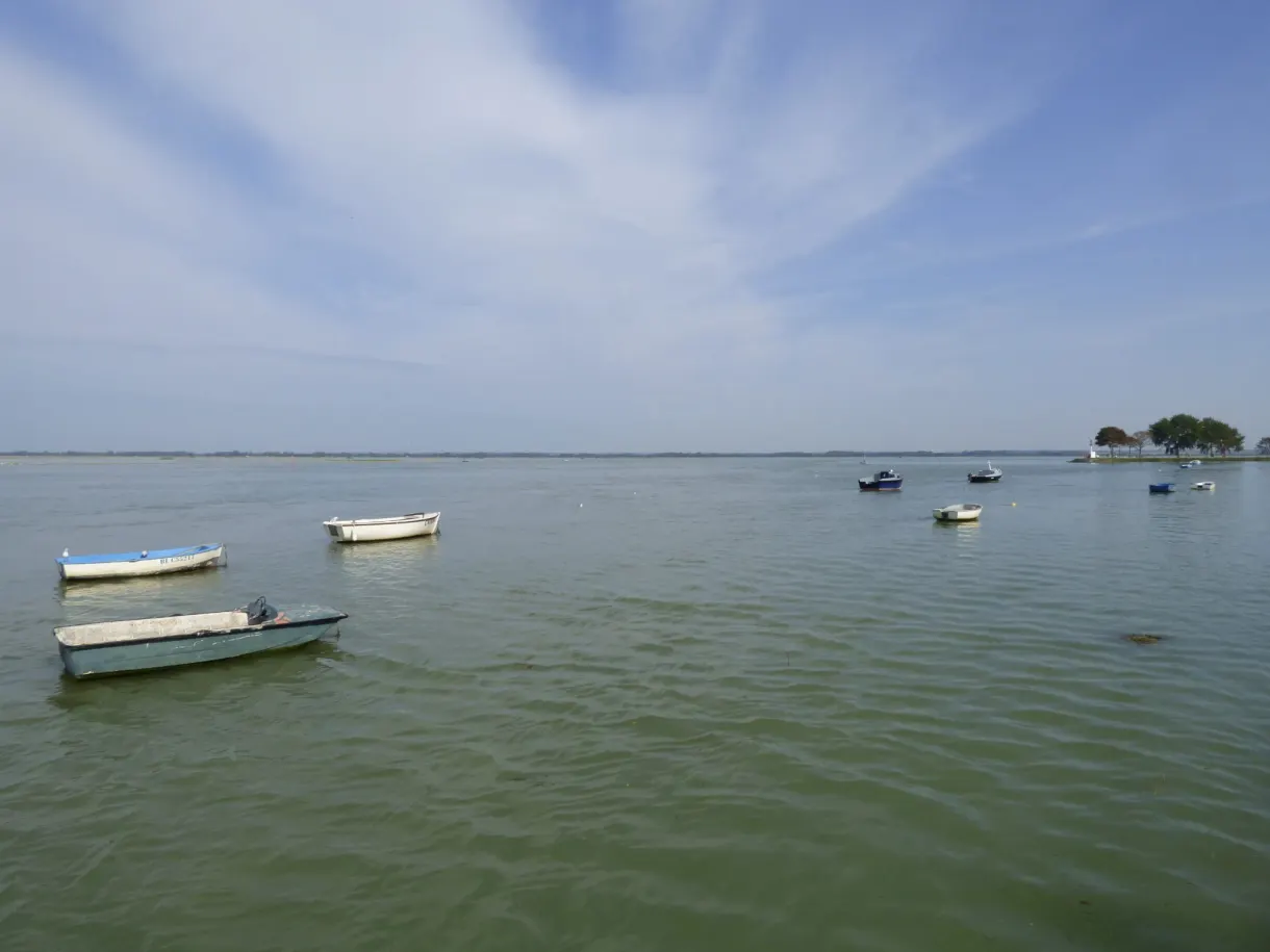 Boats at anchor in the bay under a hazy sky
