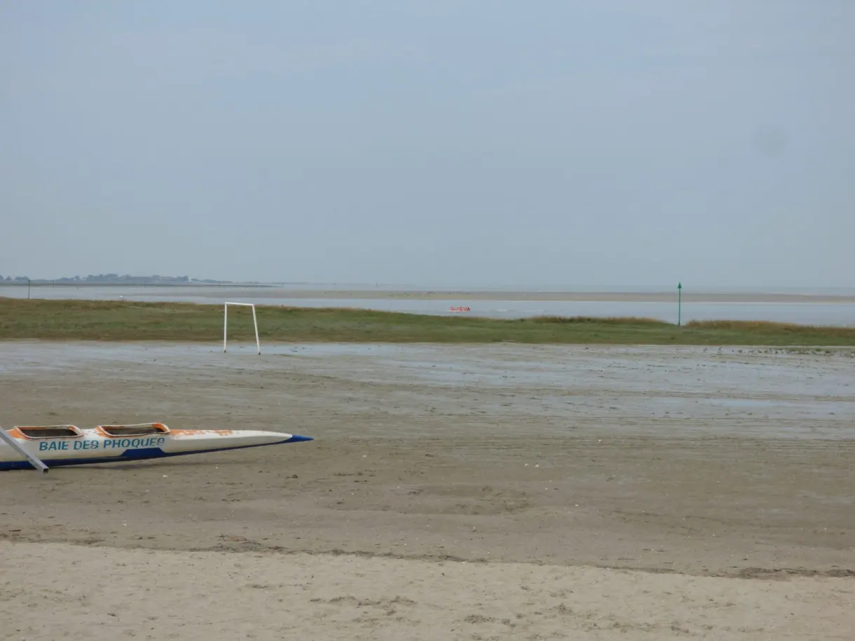 Catamarans of the sailing school resting on the sandy foreshore