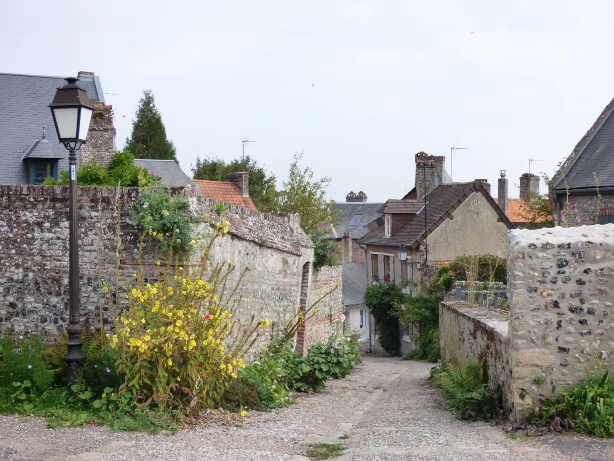 Cobbled lane between stone walls and overflowing gardens
